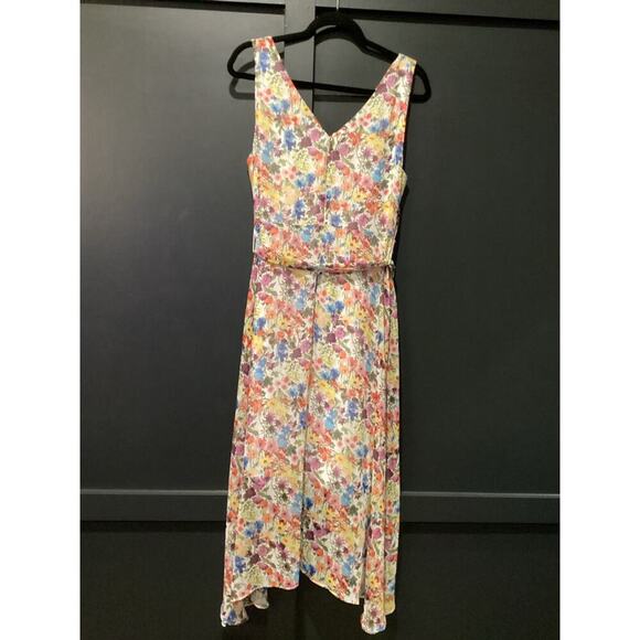 Karl Lagerfeld high low floral belt faux wrap v neck Sleeveless midi Dress Sz 10 - Picture 8 of 8